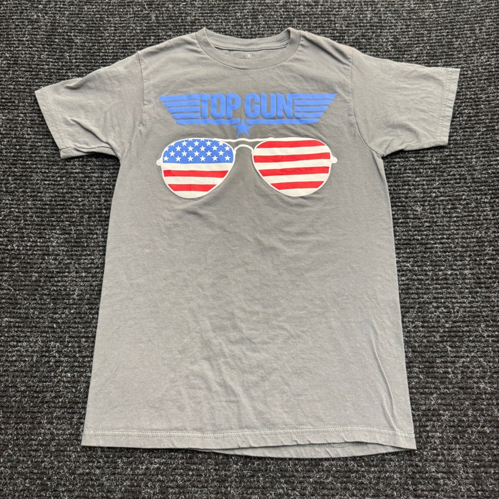 Top Gun Graphic Tee Gray Mens Medium Aviator Sunglasses American Flag T-Shirt